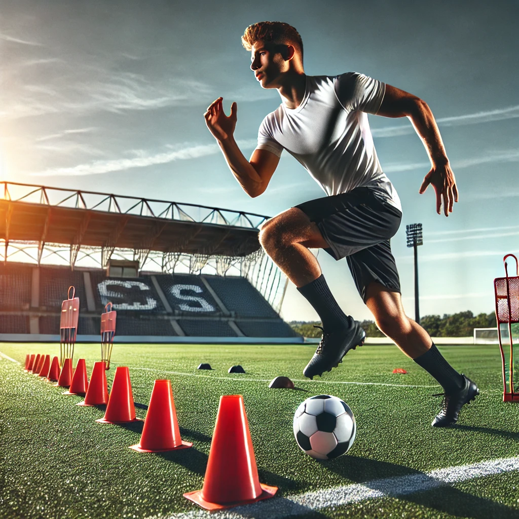 DALL·E 2024 12 11 16.29.02 A soccer player performing high intensity interval training on a field with cones set up for shuttle runs and the player mid sprint. The background f